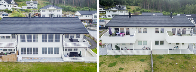 Rekkehus eneboliger, hvite med stor uteplass og hveranda